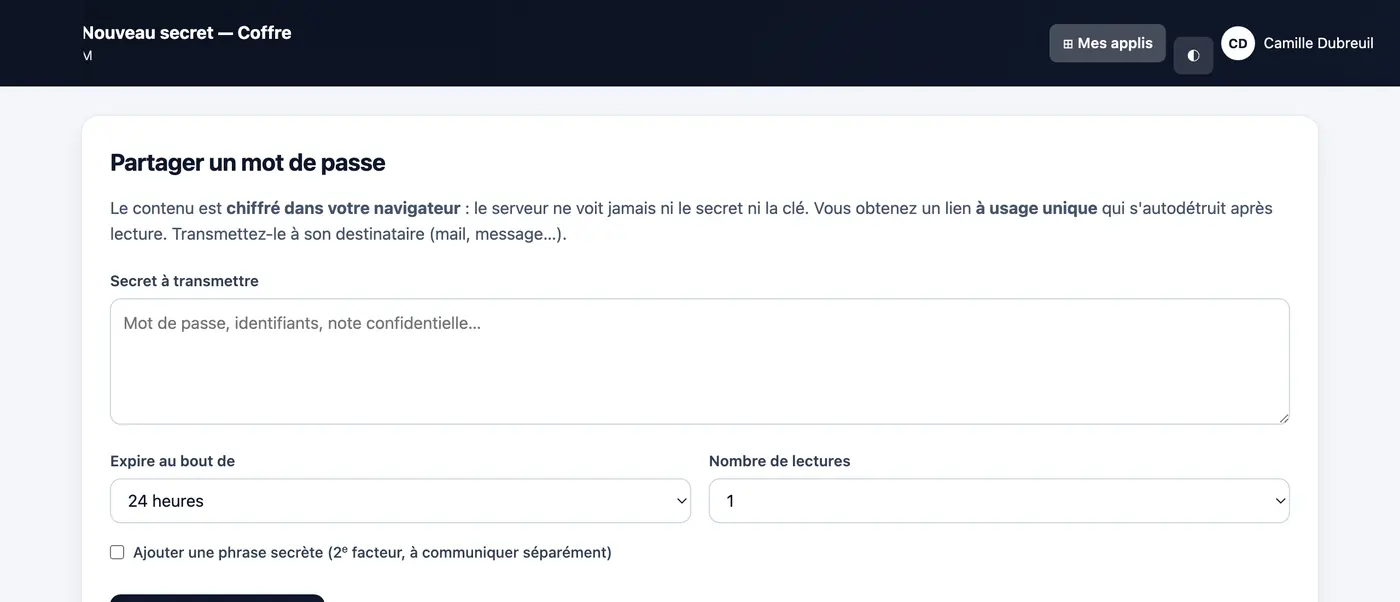 Capture du module Coffre à secrets : Le contenu est chiffré dans le navigateur : le serveur ne voit jamais ni le secret ni la clé.