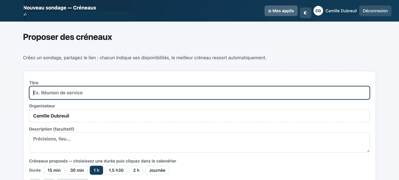 Capture du module Créneaux : Créer un sondage de dates : on choisit une durée, on clique dans le calendrier, chacun répond par un lien.