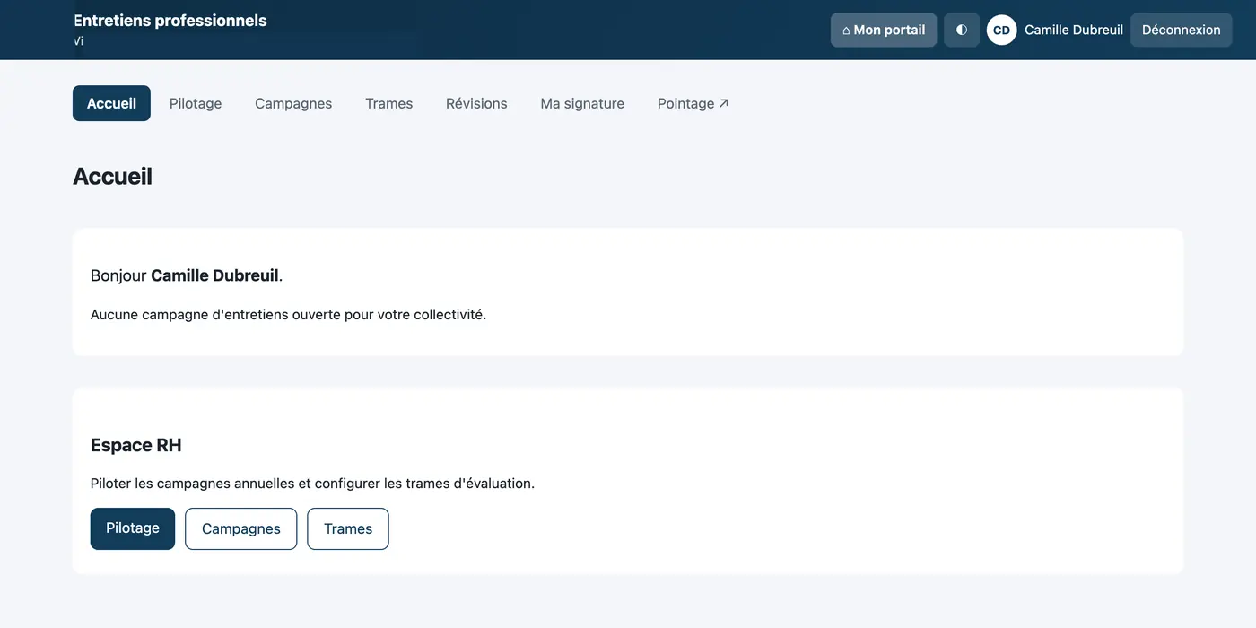 Capture du module Entretiens professionnels : L'espace de l'agent et celui des ressources humaines : campagnes, trames d'évaluation, pilotage.