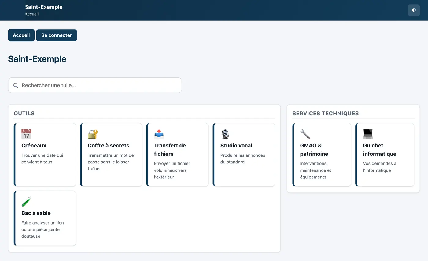 Capture du portail : les applications de la collectivité rangées par domaine, avec une recherche.