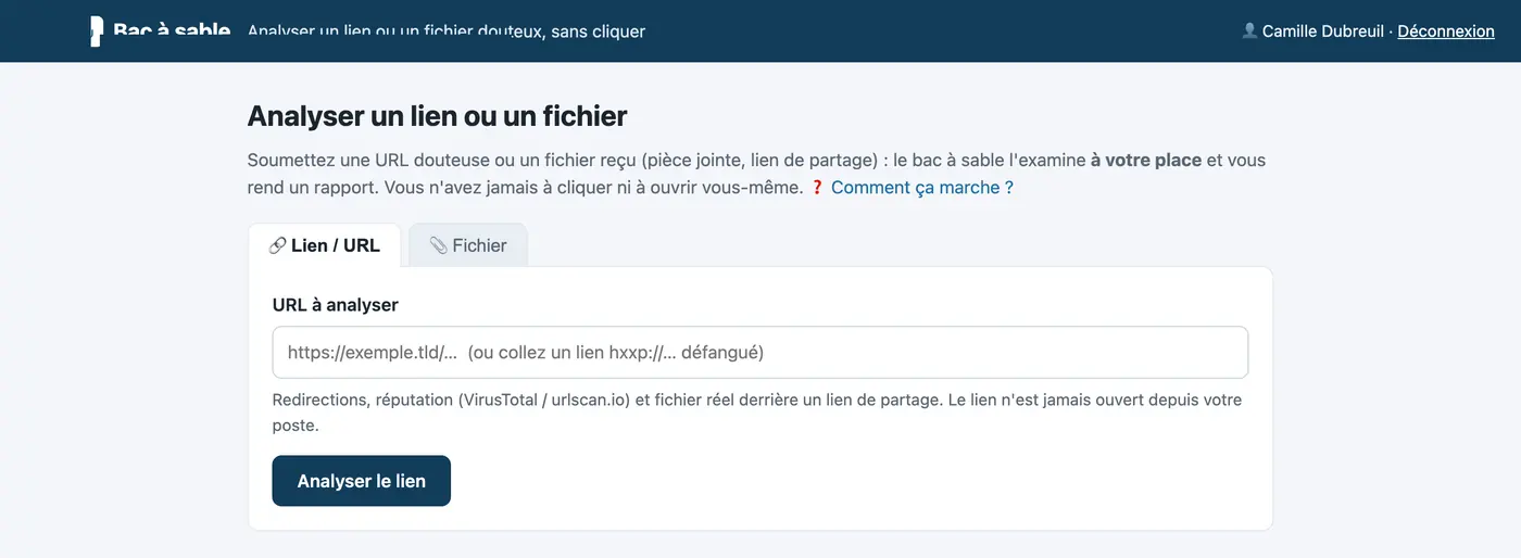 Capture du module Bac à sable : Un agent doute d'un lien ou d'une pièce jointe : il les soumet et obtient un verdict sans jamais cliquer.