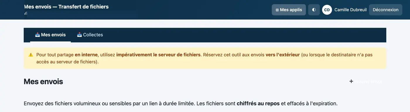Capture du module Transfert de fichiers : Envoi de fichiers volumineux vers l'extérieur, chiffrés au repos et effacés à l'expiration.