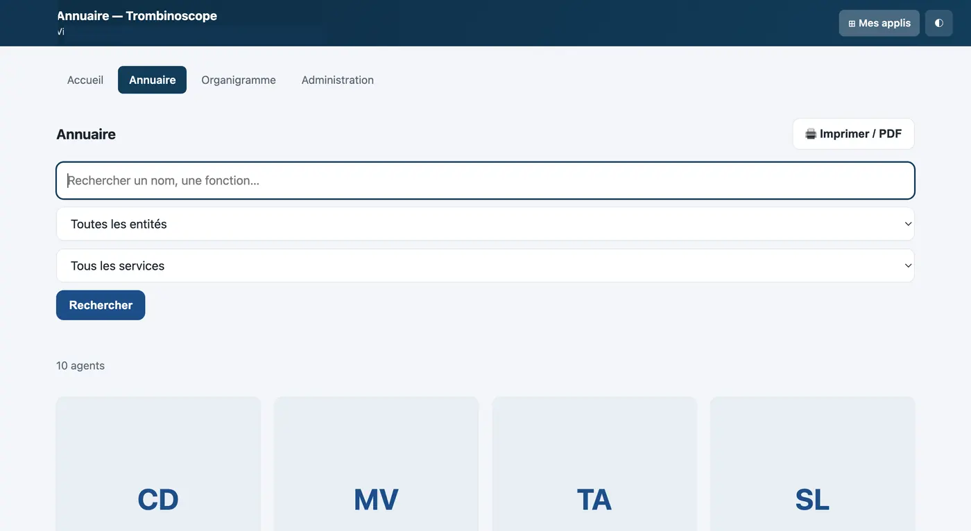 Capture du module Trombinoscope : L'annuaire des agents, filtrable par entité et par service, imprimable en PDF.